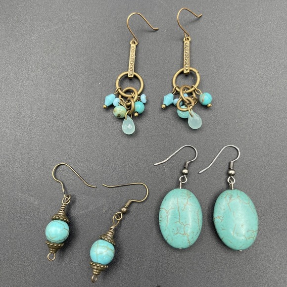 The Unbranded Brand Jewelry - Turquoise Dangle Earrings Lot 3 Pairs Boho Brass Silver Tone Drop
